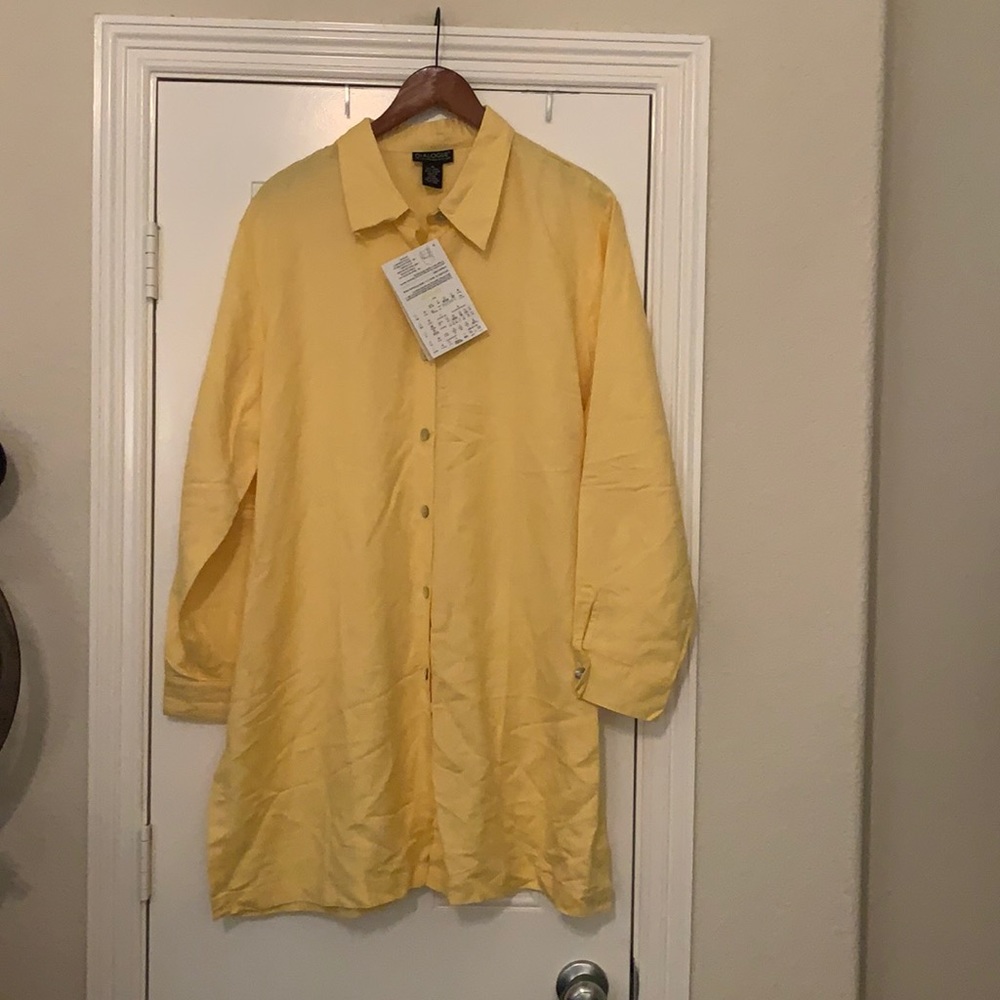 Dialogue Yellow Linen Blend Tunic Button Down Shirt Dress 1X Plus Size